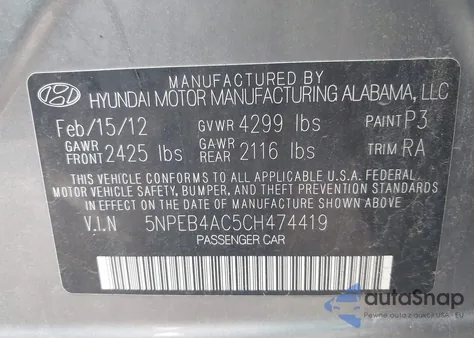 2012 Hyundai Sonata Gls z USA, uszkodzony, nr VIN 5NPEB4AC5CH474419